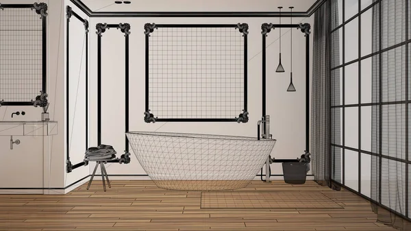 Interior blanco vacío con suelo de parquet y paredes blancas con molduras, proyecto de diseño de arquitectura personalizado, boceto de tinta negra, plano que muestra el diseño interior del baño moderno —  Fotos de Stock