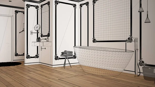 Пустой белый интерьер с паркетным полом и белыми стенами с лепниной, индивидуальный проект по архитектуре, черно-чернильный эскиз, чертеж с современным дизайном интерьера ванной комнаты — стоковое фото