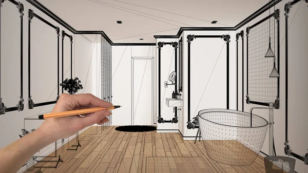 Пустой белый интерьер с паркетным полом, стена с лепниной, дизайн ручной работы, черно-чернильный эскиз, чертеж с современной ванной комнатой с ванной, раковиной и ковром — стоковое фото