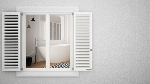 Kepenkli beyaz pencereli dış sıva duvar, iç modern banyo gösteren, kopya alanı ile boş arka plan, mimari tasarım konsept fikri, mockup şablonu — Stok fotoğraf