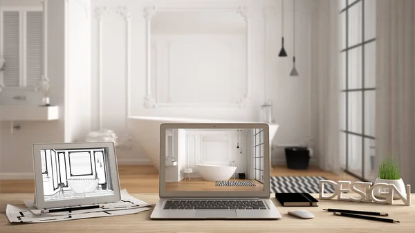 건축가 디자이너 데스크탑 컨셉, 인테리어 디자인 프로젝트와 Cad 스케치, 배경에 흐리게 초안, 고전적인 욕실을 보여주는 화면이있는 나무 책상에 노트북과 태블릿 — 스톡 사진