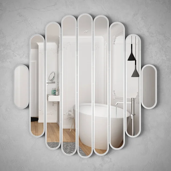 Miroir moderne suspendu au mur reflétant la scène du design d'intérieur, salle de bain blanche lumineuse avec baignoire, architecture blanche minimaliste, idée de concept de designer architecte — Photo
