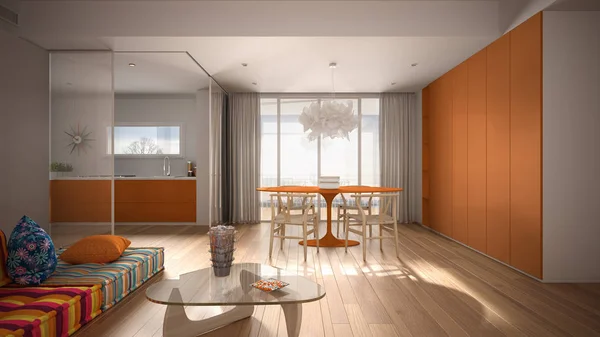 Moderne kleurrijke woonkamer met keuken en eettafel, Bank met kussens, salontafel, grote panoramische raam, hanglamp, parket. Wit en oranje interieur design concept — Stockfoto