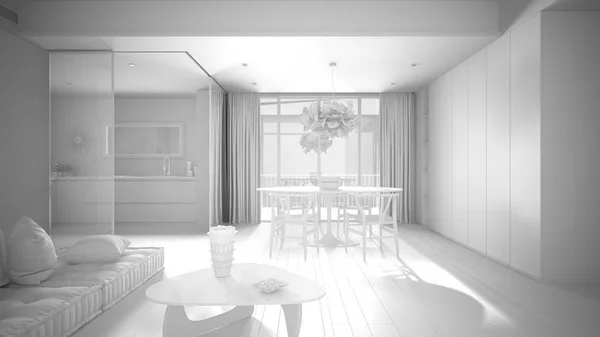 Projeto branco total da sala de estar minimalista com cozinha e mesa de jantar, sofá com travesseiros, mesa de café, lâmpada pingente, grande janela panorâmica, ideia conceito de arquitetura moderna — Fotografia de Stock