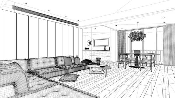 Проект чертежа, минималистская гостиная с кухней и обеденным столом, диван с подушками, журнальный столик, подвесная лампа, большое панорамное окно, концепция современной архитектуры — стоковое фото