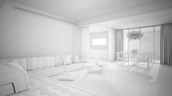 Projeto branco total da sala de estar minimalista com cozinha e mesa de jantar, sofá com travesseiros, mesa de café, lâmpada pingente, grande janela panorâmica, ideia conceito de arquitetura moderna — Fotografia de Stock