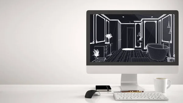 Концепция проекта архитектурного дома, настольный компьютер на белом фоне, рабочий стол с CAD эскизом, классическая ванная комната с дизайном интерьера ванной — стоковое фото