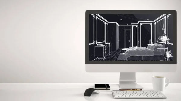 Концепция проекта "Архитектурный дом", настольный компьютер на белом фоне, рабочий стол с CAD эскизом, классическая спальня с двуспальной кроватью — стоковое фото