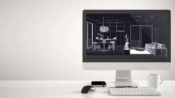 Arkitekthus projekt koncept, stationär dator på vit bakgrund, skrivbord visar CAD skiss, modernt vardagsrum med matbord och soffa inredning och design — Stockfoto