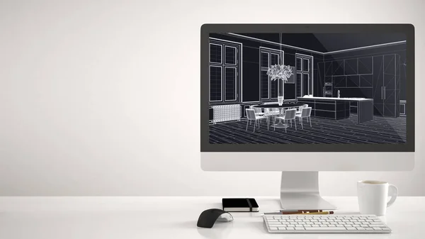 Arkitekthus projekt koncept, stationär dator på vit bakgrund, arbetsbord visar CAD skiss, modernt kök med matbord inredning och design — Stockfoto