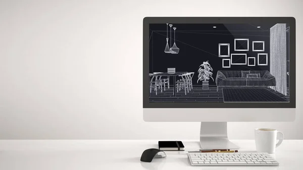 Arkitekthus projekt koncept, stationär dator på vit bakgrund, arbetsbord visar CAD skiss, modernt vardagsrum med matbord inredning — Stockfoto