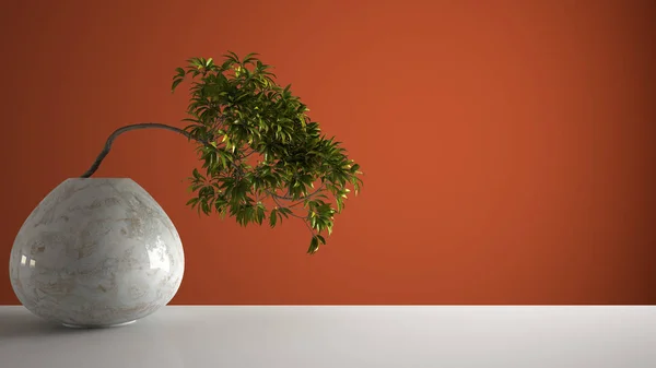 Biała Mata stołowa z okrągłym marmurowym wazonem i doniczkowe bonsai, zielone liście, pomarańczowe kolorowe tło z kopią przestrzeni, wnętrze koncepcji Zen — Zdjęcie stockowe