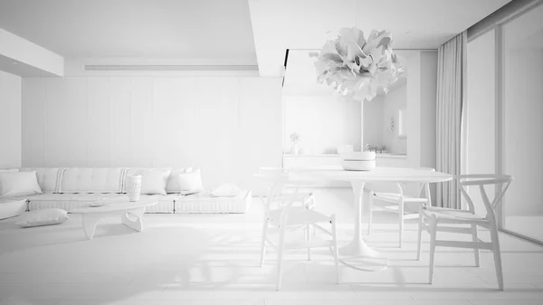 Proyecto blanco total de sala de estar minimalista con cocina y mesa de comedor, sofá con almohadas, mesa de centro, lámpara colgante, gran ventana panorámica, idea de concepto de arquitectura moderna — Foto de Stock