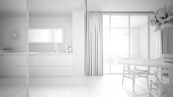 Progetto total white di soggiorno minimalista con cucina e tavolo da pranzo, divano con cuscini, tavolino, lampada a sospensione, ampia finestra panoramica, idea di architettura moderna — Foto Stock