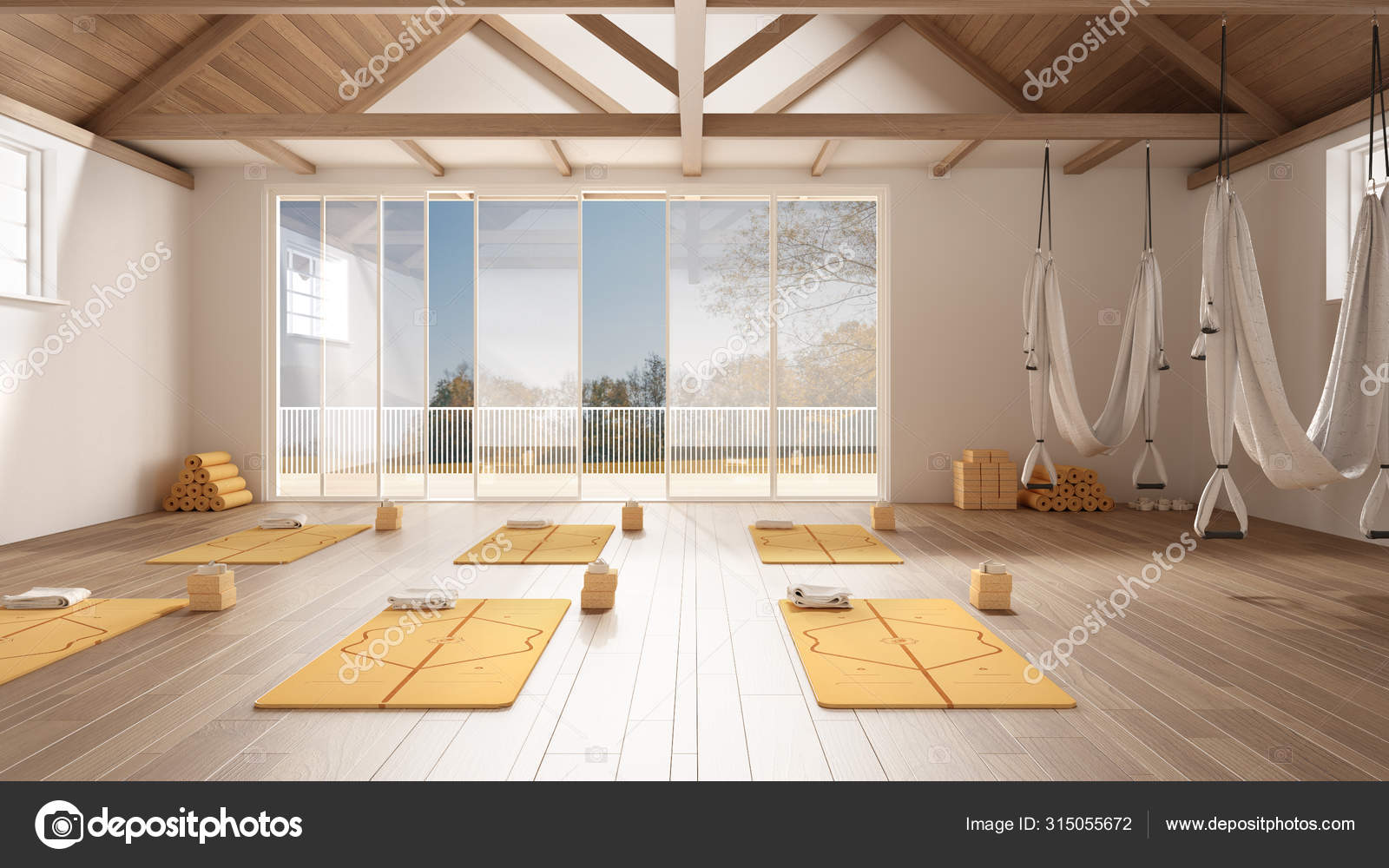 Premium Photo  Interior of a modern yoga studio with wooden floor and  large windows
