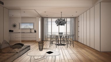 Parke zemin ve büyük panoramik pencereli boş beyaz iç mekan, özel mimari tasarım projesi, siyah mürekkep taslağı, mutfaklı modern oturma odasını gösteren plan.