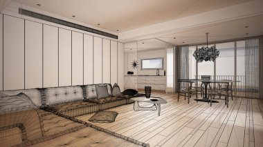 Parke zemin ve büyük panoramik pencereli boş beyaz iç mekan, özel mimari tasarım projesi, siyah mürekkep taslağı, mutfaklı modern oturma odasını gösteren plan.