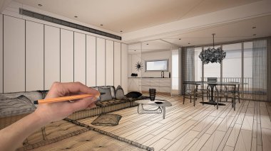 Parke zemin ve büyük panoramik pencere, el çizimi özel mimari tasarım, siyah mürekkep taslağı, modern oturma odasının mutfak planını gösteren boş bir iç mekan.