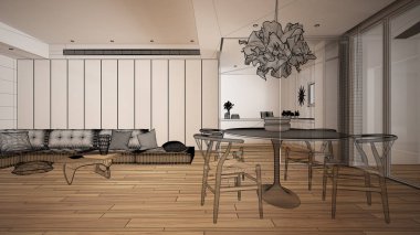 Parke zemin ve büyük panoramik pencereli boş beyaz iç mekan, özel mimari tasarım projesi, siyah mürekkep taslağı, mutfaklı modern oturma odasını gösteren plan.