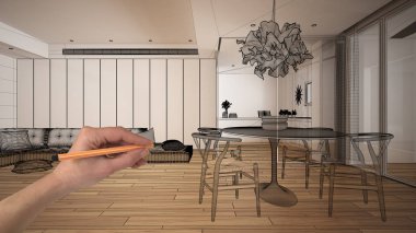 Parke zemin ve büyük panoramik pencere, el çizimi özel mimari tasarım, siyah mürekkep taslağı, modern oturma odasının mutfak planını gösteren boş bir iç mekan.