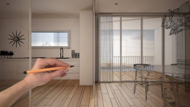 Parke zemin ve büyük panoramik pencere, el çizimi özel mimari tasarım, siyah mürekkep taslağı, modern oturma odasının mutfak planını gösteren boş bir iç mekan.
