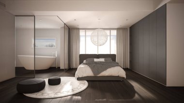 Lüks, banyo, parke zemin, büyük panoramik pencere, vitray, çift yatak, küvet, pouf kaplı halı, minimalist temiz beyaz ve gri iç tasarım.