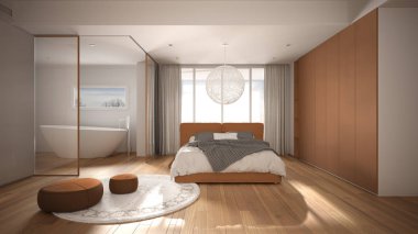 Lüks yatak odası, banyo, parke zemin, büyük panoramik pencere, boyalı cam, çift yatak, küvet, halı, puf, minimalist temiz beyaz ve turuncu iç tasarım.