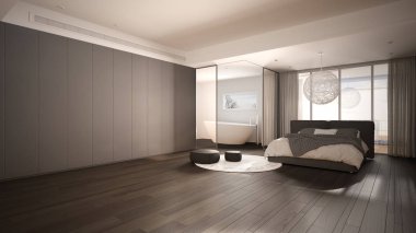 Lüks, banyo, parke zemin, büyük panoramik pencere, vitray, çift yatak, küvet, pouf kaplı halı, minimalist temiz beyaz ve gri iç tasarım.