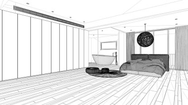 Proje taslağı, banyolu lüks yatak odası, parke zemin, büyük panoramik pencere, vitray, çift yatak, küvet, puflu halı, mimari tasarım konsepti.