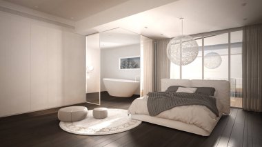 Lüks, banyo, parke zemin, büyük panoramik pencere, vitray, çift yatak, küvet, pouf kaplı halı, minimalist temiz beyaz ve gri iç tasarım.