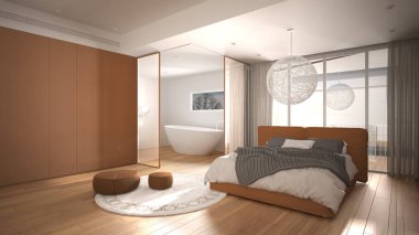 Lüks yatak odası, banyo, parke zemin, büyük panoramik pencere, boyalı cam, çift yatak, küvet, halı, puf, minimalist temiz beyaz ve turuncu iç tasarım.
