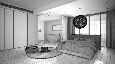 Banyolu, parke zeminli, panoramik pencereli, boyalı camlı, çift yatak, küvet, halı, puf, modern mimari fikri olan modern yatak odası tamamlanmamış bir proje.