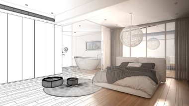 Mimari iç mimar konsepti: tamamlanmamış proje gerçeğe dönüşüyor, banyo, parke, panoramik pencere, yatak, küvet, modern mimari fikri olan lüks yatak odası