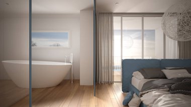 Lüks yatak odası, banyo, parke zemin, büyük panoramik pencere, boyalı cam, çift yatak, küvet, halı, puf, minimalist temiz beyaz ve mavi iç tasarım.