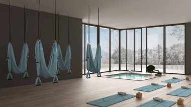 Boş yoga stüdyosu iç tasarımı, minder, hamak ve aksesuar, spa havuzu, bonsai, yoga pratiği için hazır, kış panoramiği olan panoramik pencere.