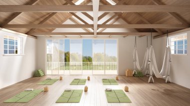 Boş yoga stüdyosu iç tasarımı, minderin, hamağın ve aksesuarların olduğu minimal açık alan, ahşap zemin ve çatı, yoga pratiği için hazır, panoramik pencere ve yaz manzarası.