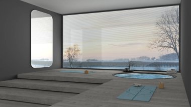 Boş yoga stüdyosu iç tasarımı, merdivenleri, yuvarlak havuzu, parke zemini, minderleri ve aksesuarları olan minimal alan yoga pratiği, meditasyon, büyük panoramik pencere, kış manzarası