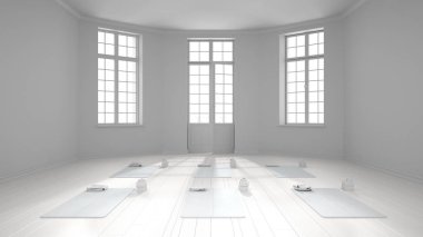 Boş yoga stüdyosunun iç tasarımı, minimal klasik alan, parke zemin, sıva, paspas ve aksesuarlı duvarlar, yoga pratiği, meditasyon, pencere için hazır.