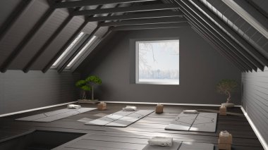 Boş yoga stüdyosu iç tasarımı, bonsai, hasırlar ve aksesuarlar, ahşap döşeme ve çatı, yoga pratiği, meditasyon, kış manzaralı kare pencere.