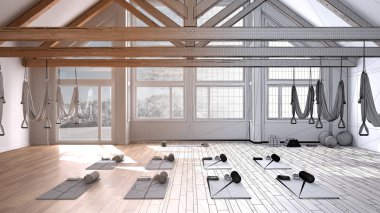 Mimar iç mimar konsepti: bitmemiş bir proje gerçek, boş yoga stüdyosu iç tasarımı, hamaklı, yastıklı ve aksesuarlı bir alan, yoga pratiğine hazır hale geliyor.