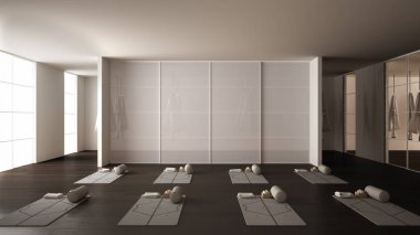 Boş yoga stüdyosu iç tasarımı, paspaslı, hamaklı, yastıklı ve aksesuarlı yer, parke, ayna, oda ayırıcı ve büyük panoramik pencere, yoga pratiği, meditasyon için hazır.