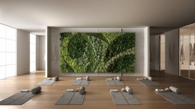 Boş yoga stüdyosu iç tasarımı, paspaslı, hamaklı, yastıklı ve aksesuarlı yer, parke, ayna, dikey bahçe ve büyük panoramik pencere, yoga pratiği, meditasyon için hazır.