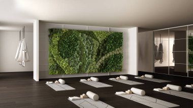 Boş yoga stüdyosu iç tasarımı, paspaslı, hamaklı, yastıklı ve aksesuarlı yer, parke, ayna, dikey bahçe ve büyük panoramik pencere, yoga pratiği, meditasyon için hazır.