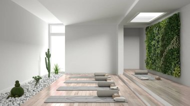 Boş yoga stüdyosu iç tasarımı, paspaslı, yastıklı ve aksesuarlı açık alan, parke, dikey bahçe ve çakıl taşlı sulu bitkiler, yoga pratiği için hazır, meditasyon odası