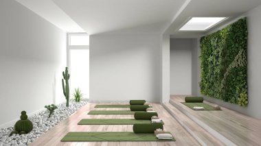 Boş yoga stüdyosu iç tasarımı, paspaslı, yastıklı ve aksesuarlı açık alan, parke, dikey bahçe ve çakıl taşlı sulu bitkiler, yoga pratiği için hazır, meditasyon odası