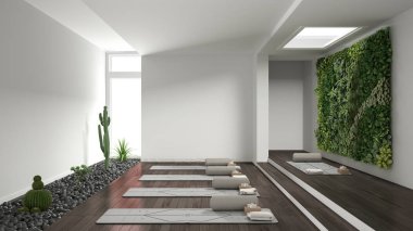 Boş yoga stüdyosu iç tasarımı, paspaslı, yastıklı ve aksesuarlı açık alan, parke, dikey bahçe ve çakıl taşlı sulu bitkiler, yoga pratiği için hazır, meditasyon odası