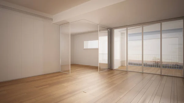 Κενός εσωτερικός σχεδιασμός δωματίου, ανοιχτός χώρος με λευκούς τοίχους και παρκέ ξύλινο δάπεδο, μοντέρνα σύγχρονη αρχιτεκτονική, πανοραμικό παράθυρο, πρωινό φως, μακέτα με χώρο αντιγραφής — Φωτογραφία Αρχείου