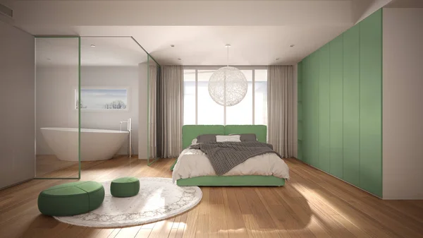 Роскошная современная спальня с ванной комнатой, паркетным полом, большим панорамным окном, стекольным стеклом, двуспальной кроватью, ванной, ковром, пуфами, минималистичным чистым белым и зеленым дизайном интерьера — стоковое фото