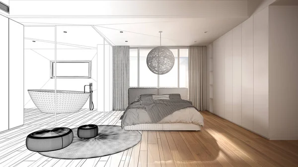 Architect interior designer concept: unfinished project that becomes real, luxury bedroom with bathroom, parquet, panoramic window, bed, bathtub, modern architecture concept idea — ストック写真