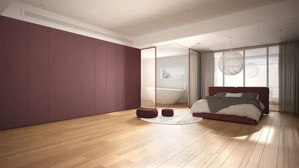 Luxe moderne slaapkamer met badkamer, parketvloer, groot panoramisch raam, glas in lood, tweepersoonsbed, bad, tapijt met poef, minimalistisch schoon wit en rood interieur — Stockfoto